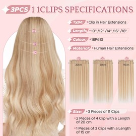 SEGO Clip in Hair Extensions Real Human Hair Seamless Hair Extensions Soft Silky Straight for Women Clip in 3PCS 11 Clips 10 Inch 18P613 Golden Brown Mixed Bleach Blonde 56g
