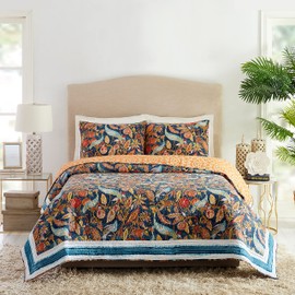 Dena Home Peacock Garden Quilt and 2 Shams, 3-Piece Reversible All Seasons 100% Cotton Quilt Set, Lightweight Coverlet Set - King Size