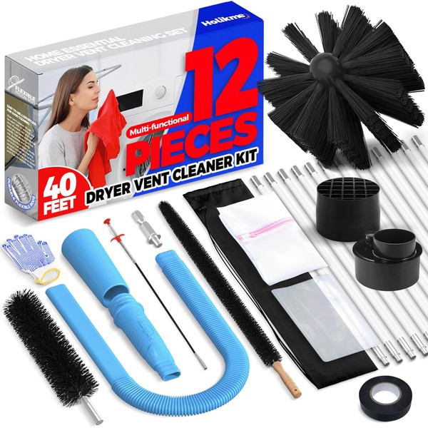 Holikme 12 Pieces Dryer Vent Cleaner Kit Dryer Cleaning Tool 40 Feet Dryer Vent Brush, Omnidirectional Blue Dryer Lint Vacuum Attachment Dryer Lint Trap Brush Vacuum & Dryer Adapter