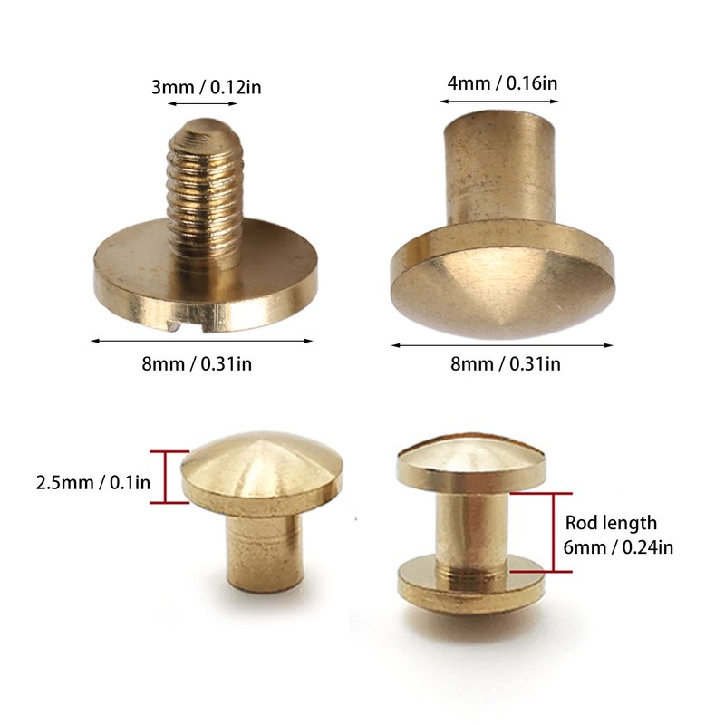 50 Set Brass Rivets Kit DIY 8mm Slot Screw Decorative