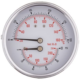 PIC Gauge TRI-HD-302R-E 3" Dial Size, 1/2" Male NPT Connection Size, 0/100 psi Range, 80/320°F Temperature Range, Center Back Mount Industrial Heavy Duty Round Dial Tridicators with Stainless Steel Case, Plastic Lens
