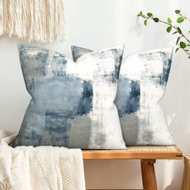 Mondiafy 2 Pack Throw Pillow Covers Soft Touch Plush 18x18 Abstract Artwork Cushion Covers Decorative Modern Gallery Style Pillow Cases for Sofa Couch Home Decor Decorations(Blue Gray White)