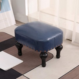 Kelendle Small Foot Stool for Living Room Brown Leather Stool Vintage Upholstered Footrest Rubber Wooden Foot Rest Stool Sofa Stool for Foot Rest Blue