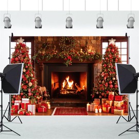 ZJRBJB 10x8ft Christmas Fireplace Photography Backdrop Rustic Fireplace Wooden House Decoration Backdrop Pine Wreath Brick Backgrounds for Photography New Year Party Decoration