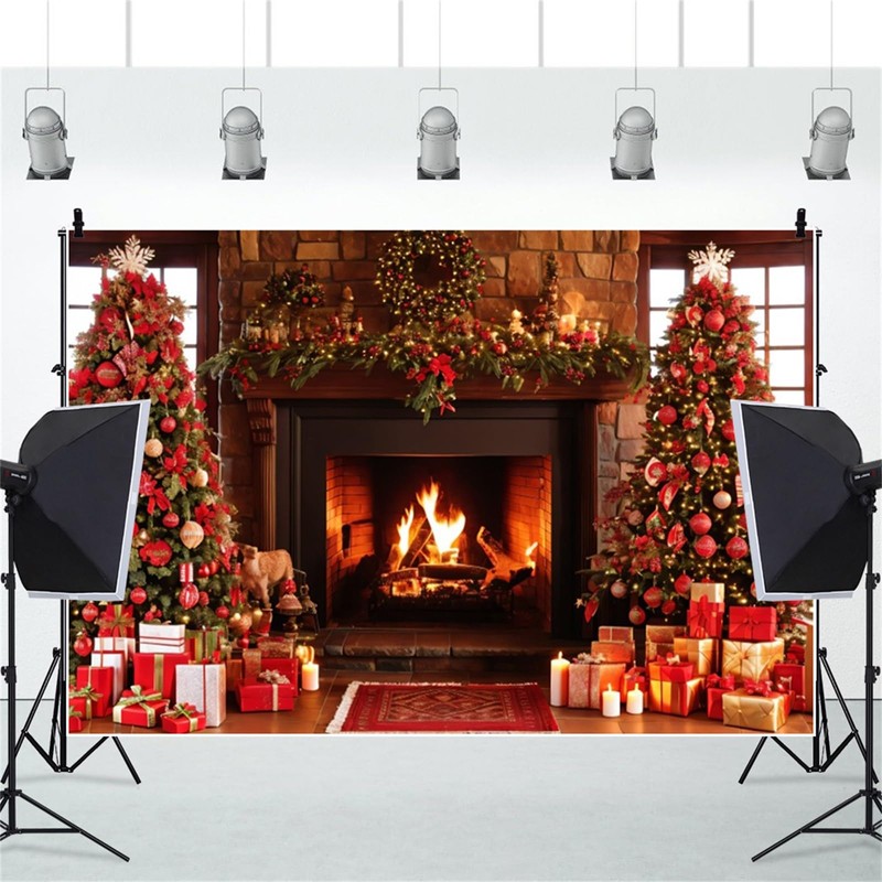 ZJRBJB 10x8ft Christmas Fireplace Photography Backdrop Rustic Fireplace Wooden House