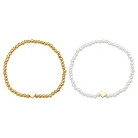 2Pcs Pearl Heart Bracelets for Women Girls Pearl Heart Stretch Bead Bracelet Set for Women Girls Heart Pearl Stackable Bracelets for Women Girls Layered Heart Bracelet for Wedding Party Prom
