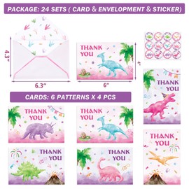 WERNNSAI Dinosaur Thank You Cards - 24 PCS Girls Thank You Cards with Envelopes Stickers Pink Dinosaur Birthday Decorations Fill in Blank Notes for Kids Baby Shower Graduation