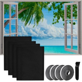 AUNHOKE 4 Stück Fliegengitter Fenster, 130 x 150 cm Selbstklebend Insektenschutz Fenster mit Selbstklebendem Klebeband und Presser, Fliegengitter für Fenster Hält Käfer/Fliegen/Mücken Drauße