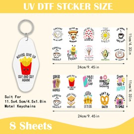 Azhieni Motel Keychain UV DTF Stickers, 8 Sheets Cute Positive UV DTF Transfer Sticker Funny Motivational UV DTF Wraps for Hotel Keychain Waterproof UVDTF Stickers Transfers Decals