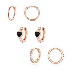 Loutade Silver Hoop Earrings for Women, 3 Pairs 925 Sterling Silver Hoop Earrings Set With Zircon, Hypoallergenic CZ Small Cartilage Rose Gold Sleeper Huggie Earrings Jewelry Gift for Christmas