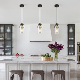 foucasal Modern Pendant Kitchen Island Light, Pendant Lighting with Glass Shade, E26 Socket and Adjustable Cable, Suitable for Living Rooms, Bedrooms, Hallways (Black Gold)