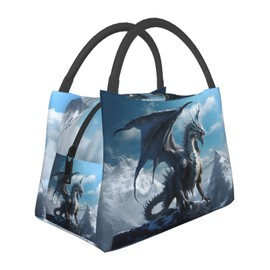 amepay Blue Dragon Insulated Lunch Box for Fantasy Art Lovers, Majestic Snow Mountain Illustration Tote Lunchbags, Reusable Cooler Lunchbox & Makeup Bag Gifts for Work, School, Picnic, Office