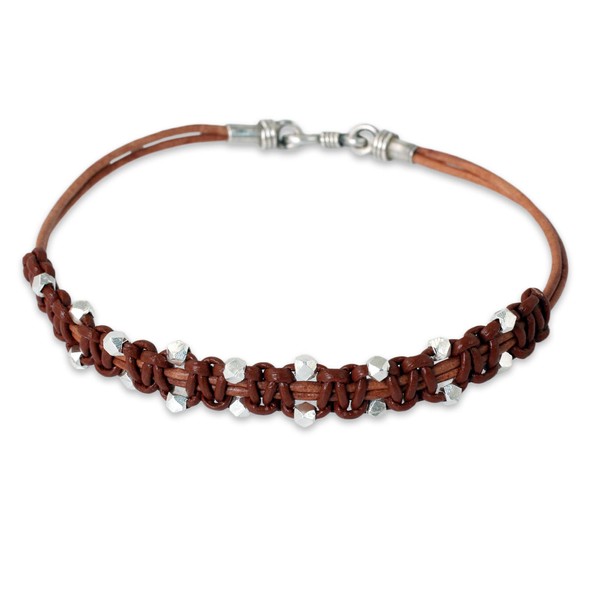NOVICA Artisan Handmade Men's Leather Bracelet Brown Wristband with Silver