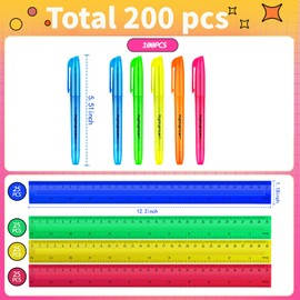 200 Pcs Back School Supplies Kit for Kids Include100 Pcs 12 Inch Plastic Rulers 100 Pcs Assorted Colors Highlighters for Classroom Home Charity Donation Supplies (200)