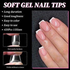 LuckForever 420pc Short Square Gel Nail Tips Clear Fake Nail, Clear Press on Nails Short Square Soft Gel Nail Tips Acrylic Nails Full Cover False Nail Artificial Fingernail for Nail Extensions