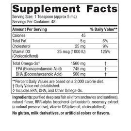 Nordic Naturals Omega-3D, Lemon Flavor - 8 oz - 1560 mg Omega-3 + 1000 IU Vitamin D3 - Fish Oil - EPA & DHA - Immune Support, Brain & Heart Health, Healthy Bones - Non-GMO - 48 Servings
