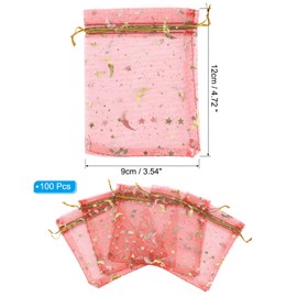 PATIKIL Moon Star Printed Organza Bags, 100 Pcs 4.72x3.5 Inch Drawstring Mini Pouches Favor Gift Candy Jewelry Bags for Christmas Thanksgiving Festival Party Wedding, Red