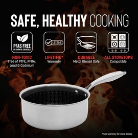 Hell’s Kitchen Hybrid 1.5 Qt Saucepan + Lid, Tri-Clad Stainless Steel and Nonstick Ceramic, PFAS Free, no PFOA, no PTFE, no Teflon, Non Toxic Cookware, Metal Utensil Safe, All Cooktops and Oven Safe