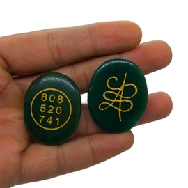 VIBESLE Green Jade Oval Stone Zibu Coin - Engraved with Angelic Symbols to Attract Money Cash Flow and Wealth Angle Number & Zibu Symbol of Abundance Gemstone Palm Cabochon