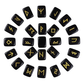dssmboom Pack of 25 Rune Stones Engraved Pagan Lettering, Irregular Tumbled Stone Set with Golden Elder Futhark Alphabet for Crystal Divination Wicca and Reiki Healing, Black Obsidian