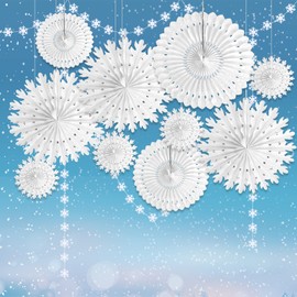 Minicoco Wedding Winter Party Decoration, Snowflake Hanging Decorations Set with Snowflake Paper Fans & Snow Flakes Garland for Birthday Party Wedding Engagement Party Family Holiday Home Decor