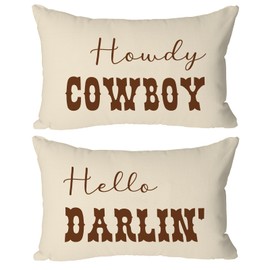CarOptics Set of 2 Western Funny Couple Pillow Covers 12x20 Inch - 'Howdy Cowboy' & 'Hello Darlin'', Teen Girls Boys Gifts, Rustic Farmhouse Charm for Various Settings(Beige)