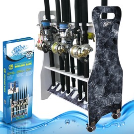 Rush Creek Creations Reel Salty Offshore and Inshore Waterproof Marine Grade 16 Rolling Fishing Rod Holder Dock/Garage Storage Rack, Gray/White, 29.8" L x 11.6" W x 30.9" H