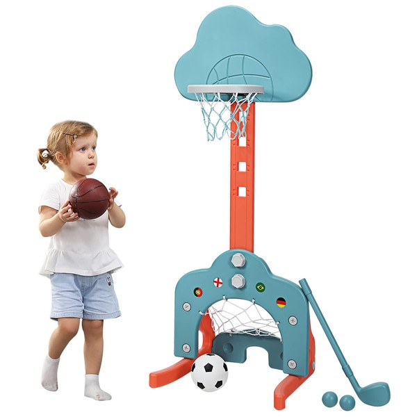 COSTWAY 3 in 1 Basketball Hoop for Children 2-7 Years with Adjustable Height (77-116 cm), Snow-Shaped Basketball Stand with Stable Structure, Smooth Edges, Golf Game for Boys Girls