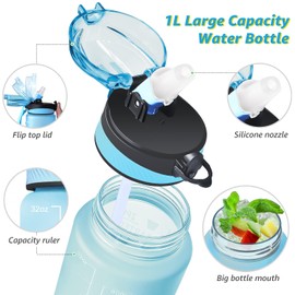 Auckpure Sports Water Bottle, 1L Water Bottle with Straw with Marker One Click Open Suitable for Gym, Yoga, Camping, Cycling and Family Life (Blue Orange)