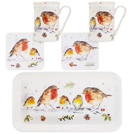 Leonardo Collection 5 Piece Set Winter Robins 2 Fine China Mugs 2 Matching Coasters and Tray.