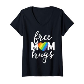 Womens Free Mom Hugs Rainbow Pride March Heart Family Mother V-Neck T-Shirt