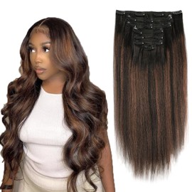 ABH AMAZINGBEAUTY HAIR Yaki Straight Clip ins Two Tone Natural Black Roots With Medium Brown Highlight Human Hair Light Yaki Clip ins for Black Women Full Head Brazilian Clip in #1BT1BP4 12 Inch 120G