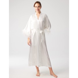 PRODESIGN Satin Kimono Robe Long Silky Bath Robe with Ostrich Feather Trim Sleepwear Wedding Bridesmaid Robe