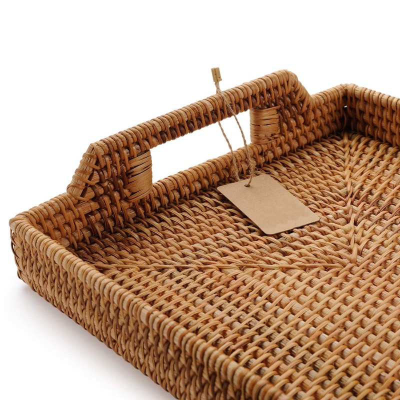 Hand-Woven Rattan Rectangular Serving Tray with Handles for Breakfast, Drinks,