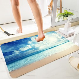 LYFANS Sky Blue White Thickened Anti Fatigue Carpet, Extended Bathroom Bath Mat, 35.5x21.5 inch Kitchen Non Slip Mat, Bright Flannel Memory Sponge Floor Mat for Living Room Bedroom Door Mats.