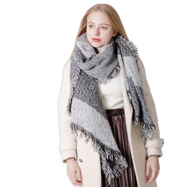 MAKFORT Women's XXL Scarf Winter Cosy Warm Imitation Cashmere Scarf Checked Neckerchief Scarf 205 x 65 cm Grey, d'Alene to