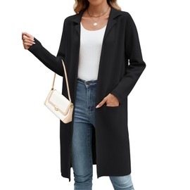 Knee Length Black Cardigan for Women Open Front Cardigan Sweaters Lightweight Pockets Sweater Coat Black Large