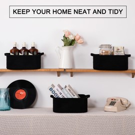 OIAHOMY Cotton Rope Woven Baskets for Storage, Nursery Rectangle Storage Basket with Handles for Shelves, Pack of 3, Black
