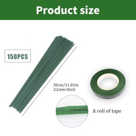 Sivaopa Pack of 150 Flower Wire Rods Floristry Wire Green 30 cm Green Plug-In Wire Flower Stem 2 mm Wire Plug-In Wire Floristry Stem Wire Flower Wire with Florist Ribbon for DIY Making