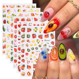 6 Sheets Fruit Nail Art Stickers Decals 3D Self-Adhesive Cute Fruit Nail Stickers Summer Lemon Strawberry Peach Kiwi Cherry Nail Design Decals Summer Supplies for Women DIY Manicure Decorations