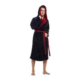 Lagtew Mens Hooded Robe,Plush Robes for Men,Soft Warm Fleece Bathrobe Shower Spa Long Robe With Pockets,BLACK+BURGUNDY,L/XL