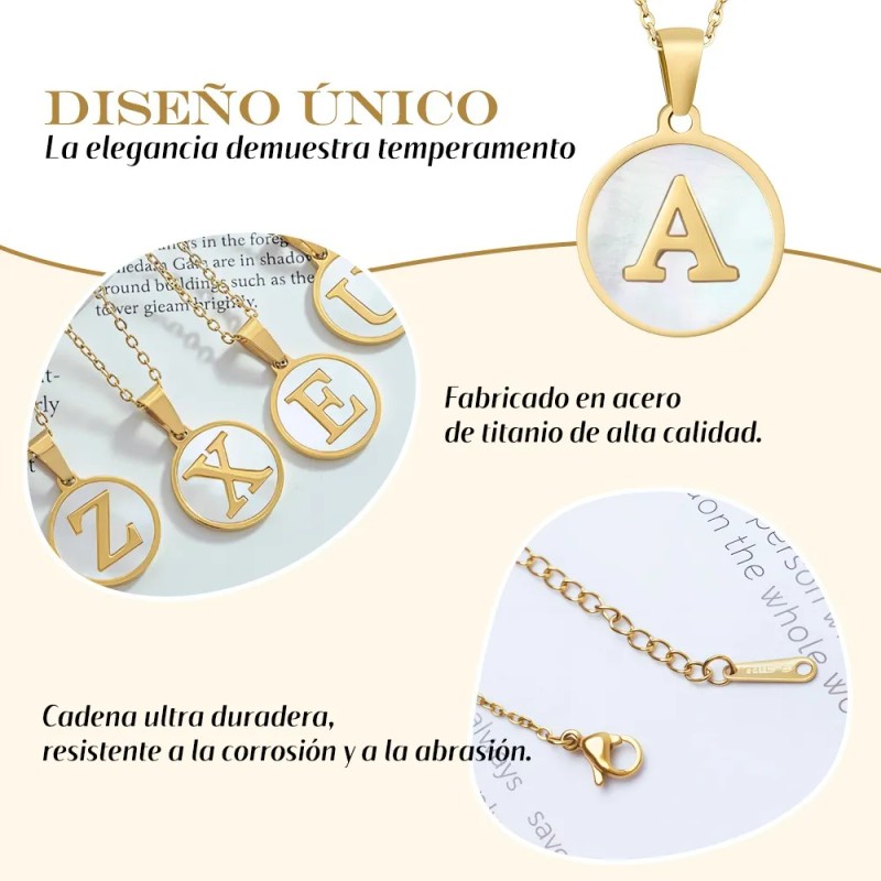 Collar Dije Letras Iniciales Acero Inoxidable Doradas Mujer