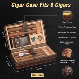 TISFA Cigar Humidor, Leather Cigar Case with Cigar Lighter, Cigar Cutter V Cut, Cigar Stand 3 in 1, Portable Travel Humidor with Humidifier, Cigar Gift Cedar Wood Cigar Box (Dark Brown)