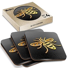 4 x Square Coasters - 3D Manchester Bee Logo Cork Backed MDF Glossy Tea Coffee Accessory #50003