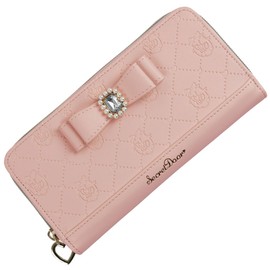 SecretDoor Women's Long Wallet, Cute, Ribbon, Bijou, Gold Zipper, Thin, Compact, Pink