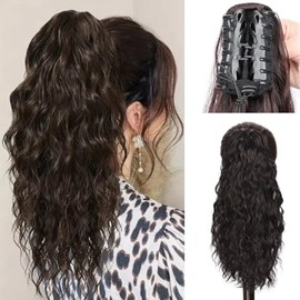 Aientt Curly Ponytail Extension Fluffy Drawstring Ponytail for Women Kinky Curly Clip in Hair Extensions Long Curly Wavy Ponytail Extension Synthetic Hairpiece for Daily Use (4#, 16Inch, Wavy)