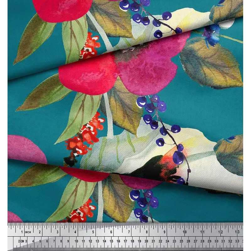 Soimoi Cotton Poplin Fabric Leaves & Poppy Flower Print Fabric