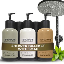 Terra Pure Spa Collection | Wall-Mounted No-Drill Hotel Amenities Dispenser | 10.14oz Bottles | Tamper-Proof Locking Bracket | 1 Bracket with Shampoo, Conditioner, and Body Wash
