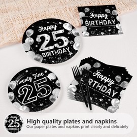 Grencian 96Pcs 25th Birthday Decorations for Men Women Black Silver 25th Birthday Party Plates Disposable Paper Tableware Set for Women Men Happy 25 Year Old Party Supplies, Serves 24