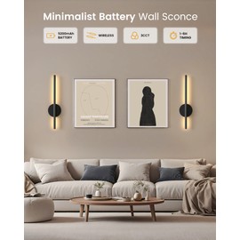 NIORSUN 15.7 Inch Battery Operated Wall Sconce Set of 2, Black Minimalism Rechargeable Wall Lights with Remote, 3CCT Dimmable Wireless Wall Lamp for Living Room Bedroom Hallway